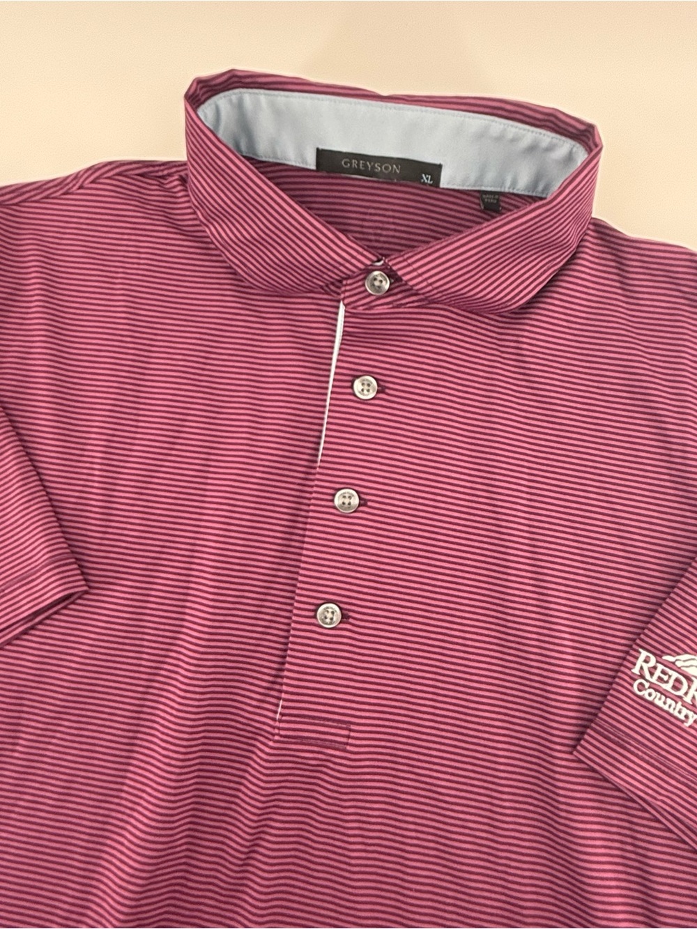 Greyson Golf x Red Rock Polo Mens XL Red Pink Stripe Wolf Logo Performance Shirt